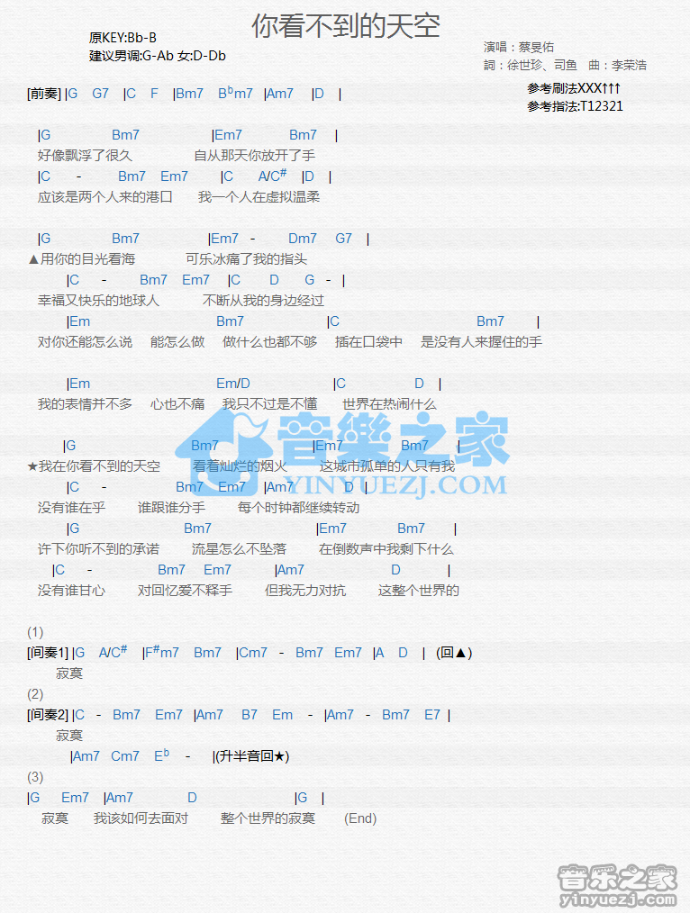 蔡旻佑《你看不到的天空》尤克里里谱