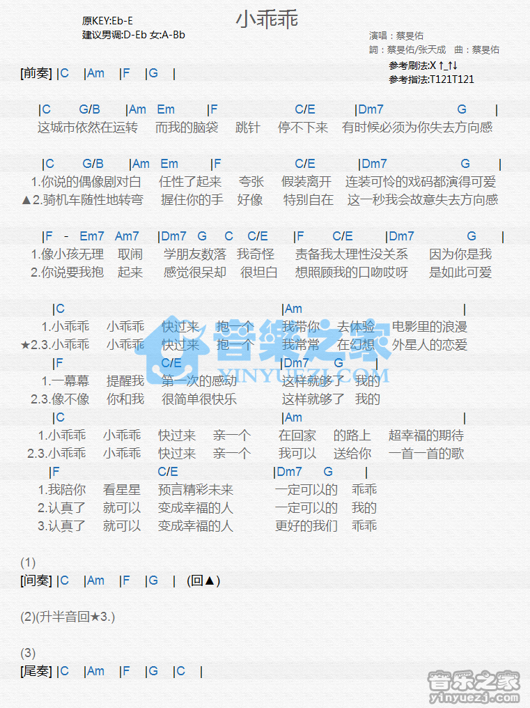 蔡旻佑《小乖乖》尤克里里谱