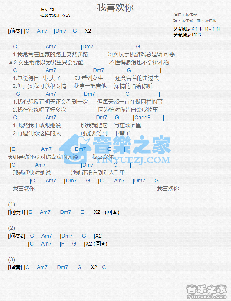 派伟俊《我喜欢你》尤克里里谱