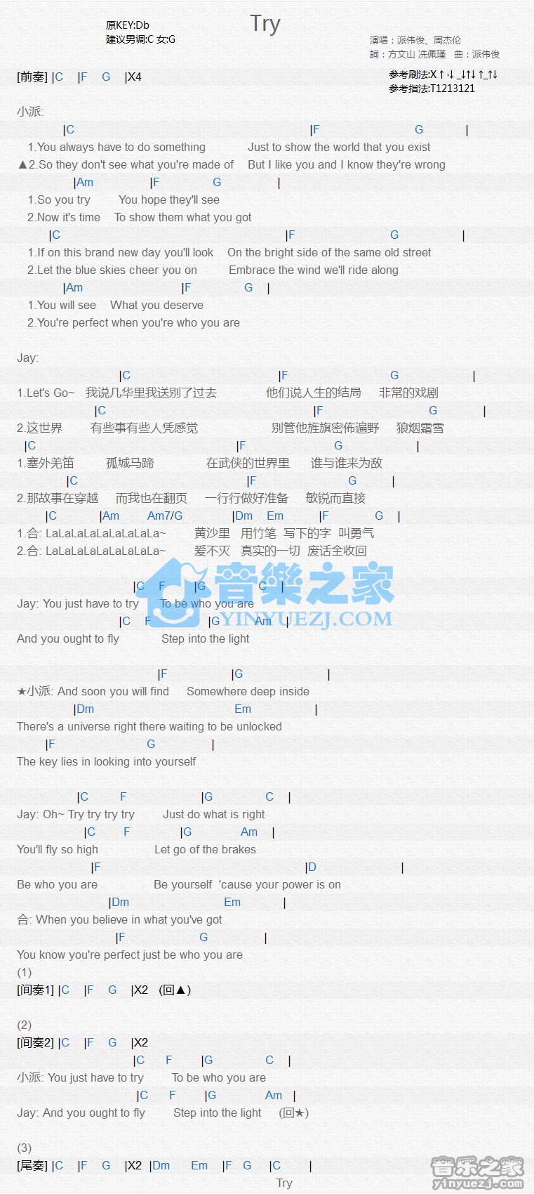 派伟俊/周杰伦《Try》尤克里里谱