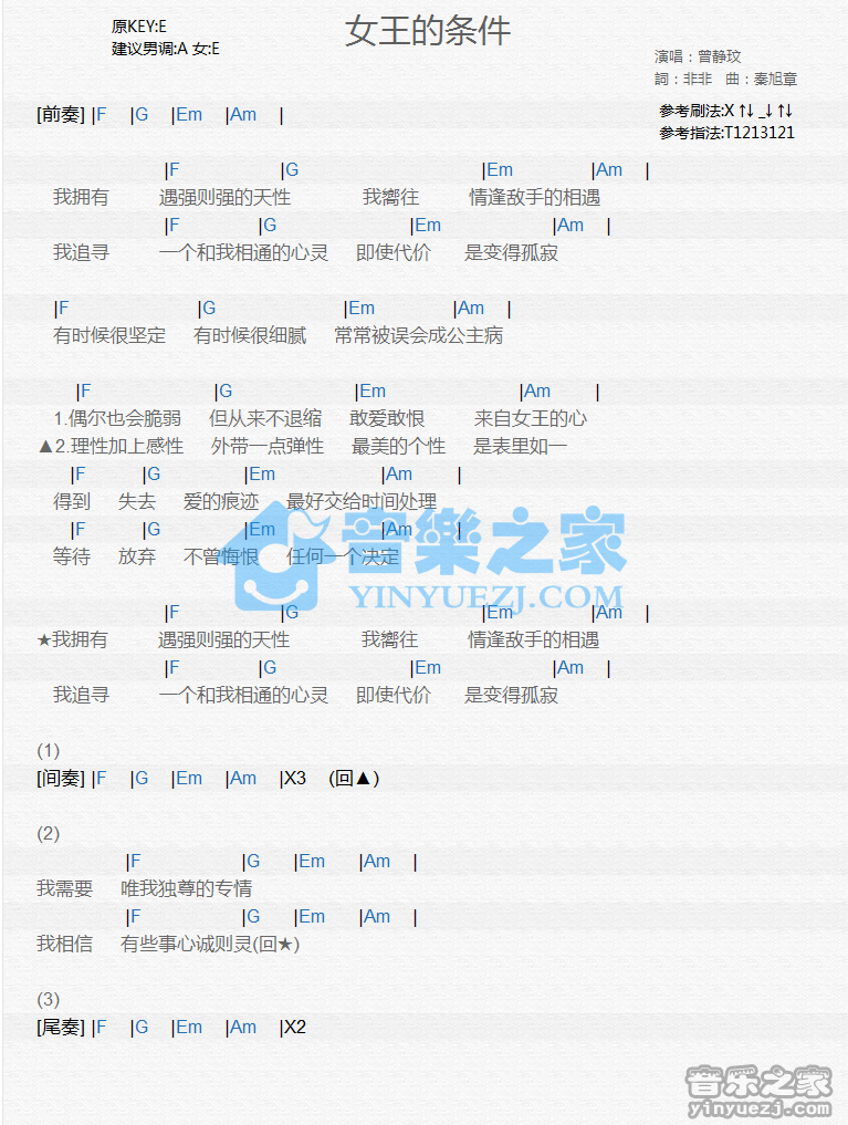 曾静玟《女王的条件》尤克里里谱