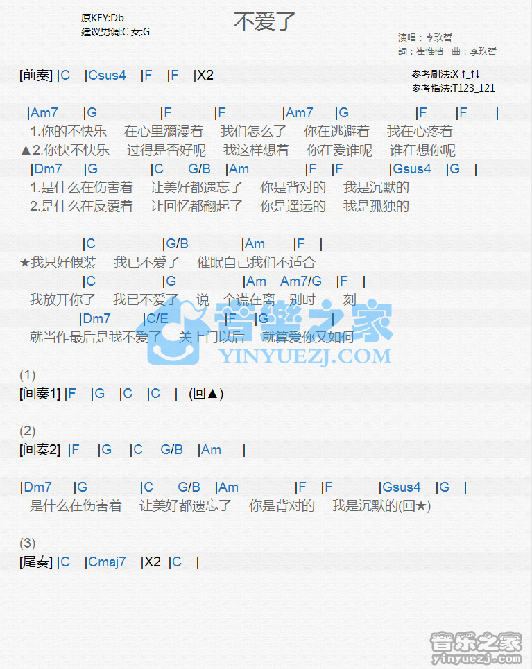 李玖哲《不爱了》尤克里里谱