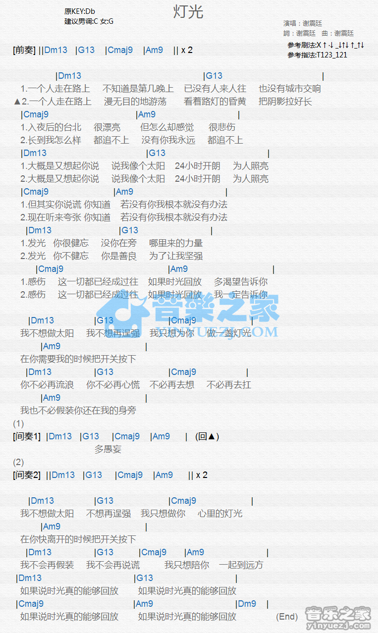 谢震延《灯光》尤克里里谱