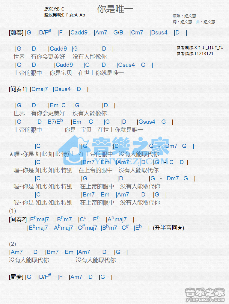 纪文惠《你是唯一》尤克里里谱