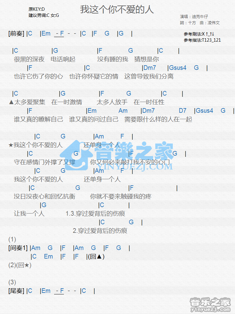 迪克牛仔《我这个你不爱的人》尤克里里谱