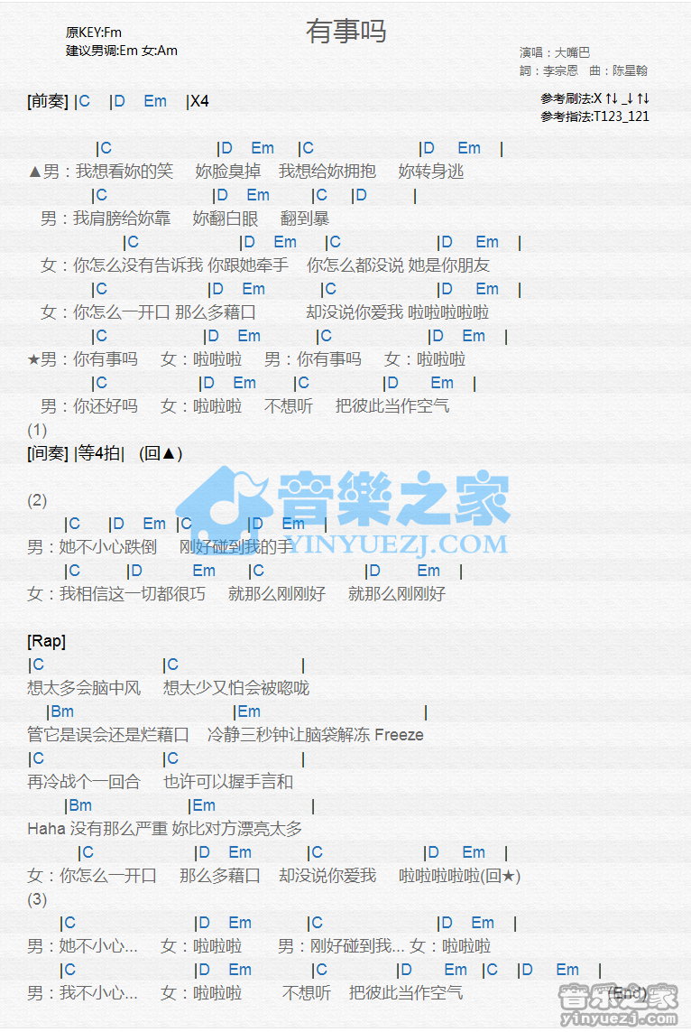大嘴巴《有事吗》尤克里里谱