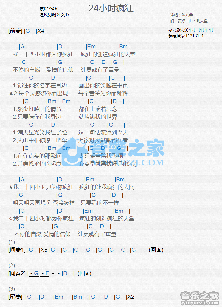 陈乃荣《24小时疯狂》尤克里里谱