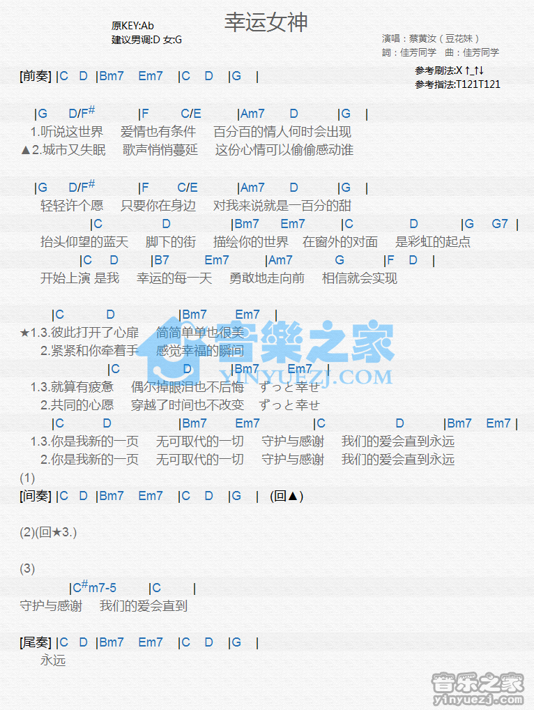 蔡黄汝《幸运女神》尤克里里谱