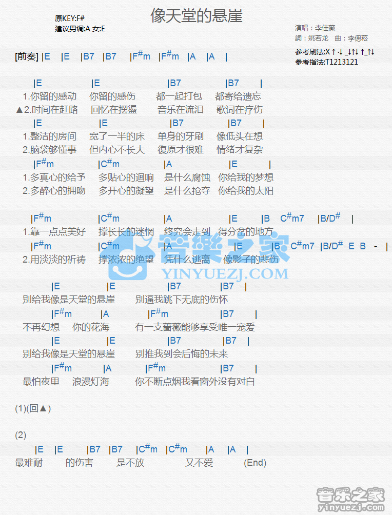李佳薇《像天堂的悬崖》尤克里里谱