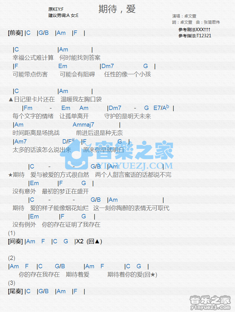 卓文萱《期待爱》尤克里里谱