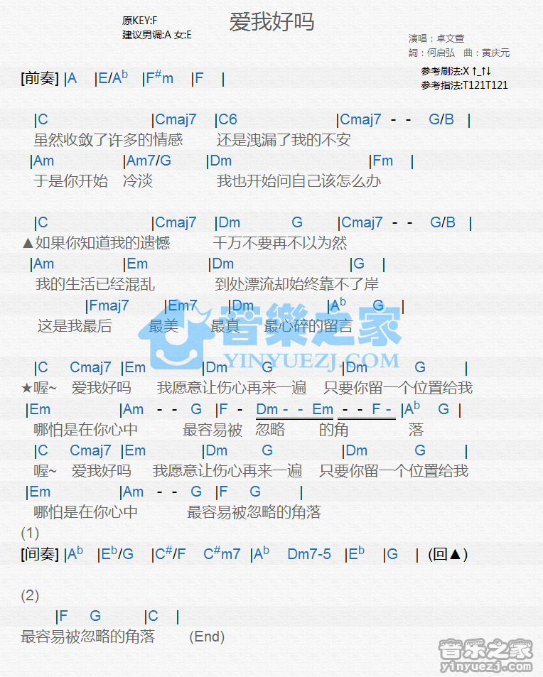 卓文萱《爱我好吗》尤克里里谱
