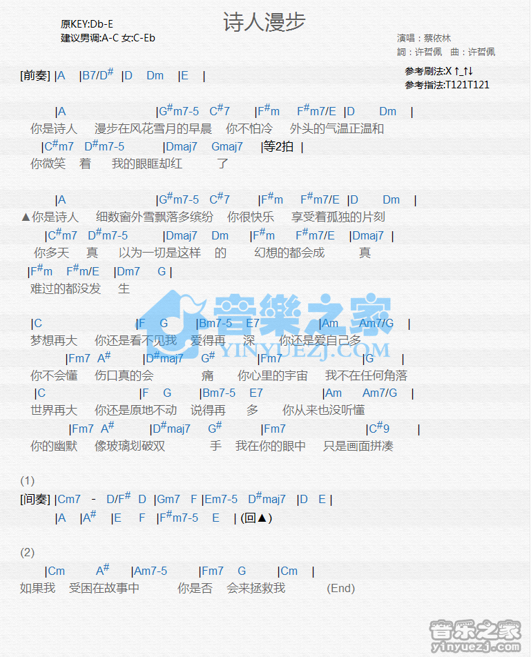 蔡依林《诗人漫步》尤克里里谱