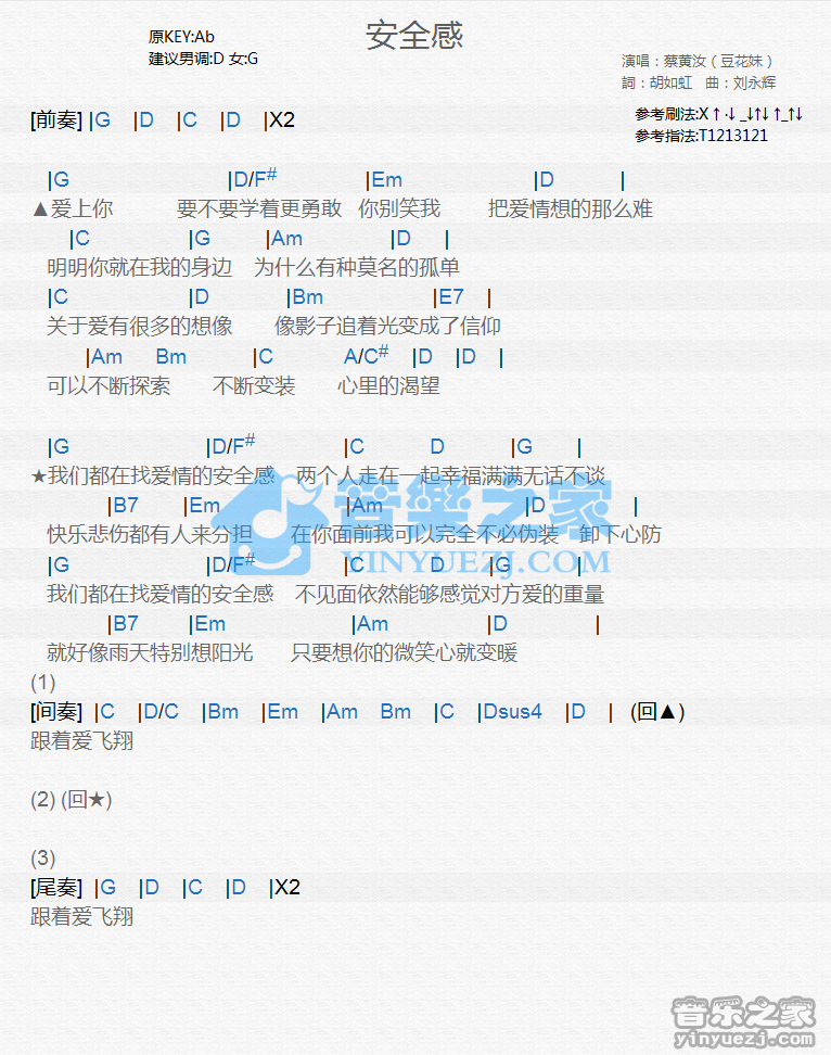 蔡黄汝《安全感》尤克里里谱