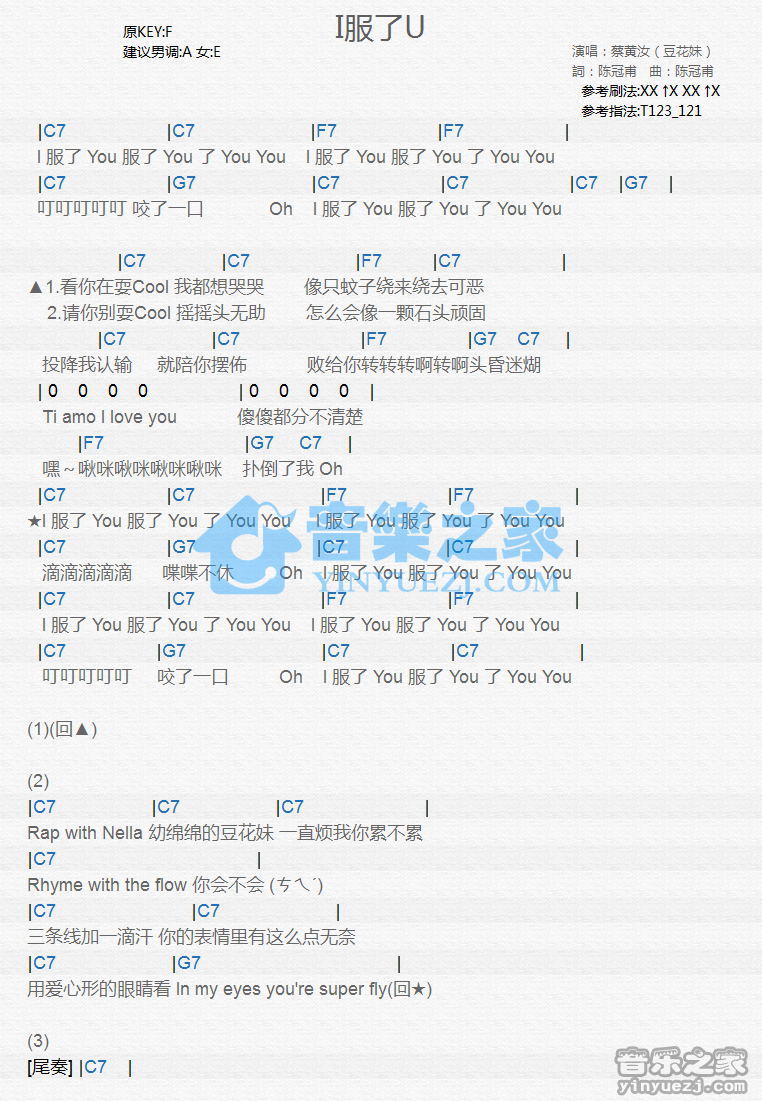 蔡黄汝《I服了U》尤克里里谱