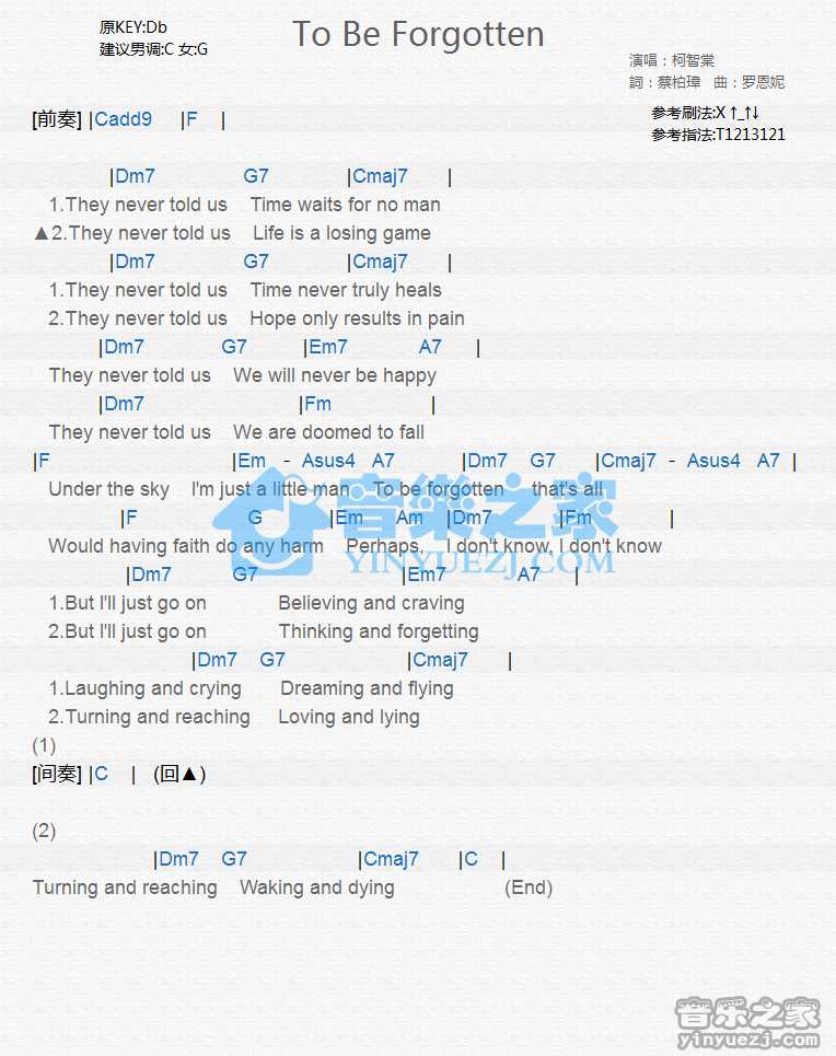 柯智棠《To Be Forgotten》尤克里里谱