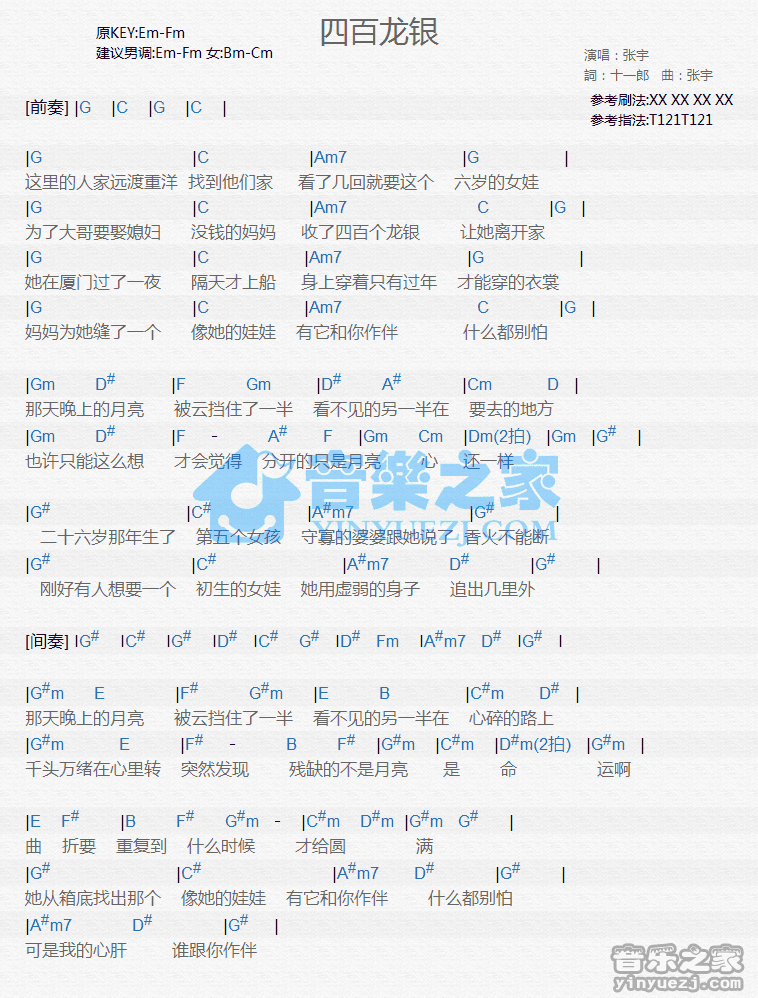 张宇《四百龙银》尤克里里谱