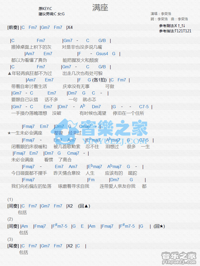 李荣浩《满座》尤克里里谱
