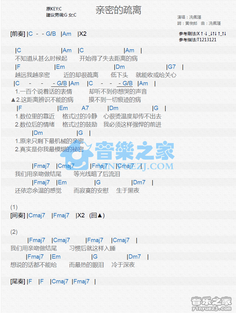 冼佩瑾《亲密的疏离》尤克里里谱