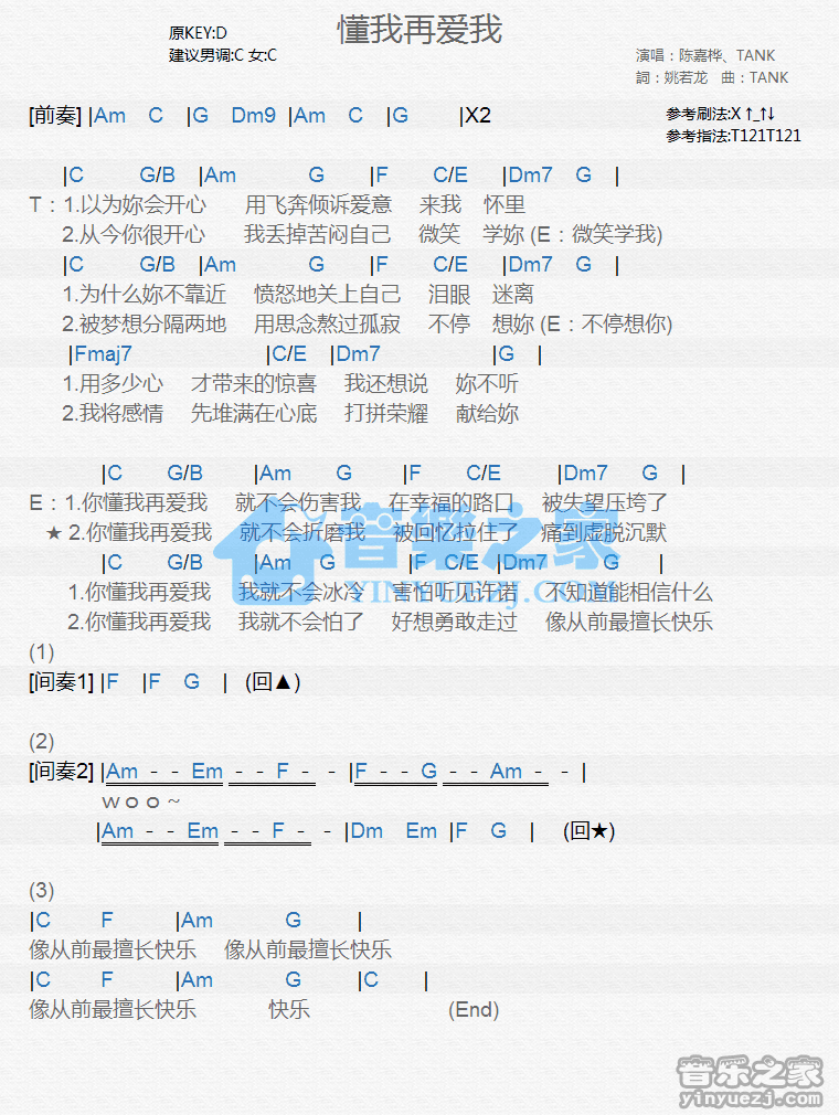 陈嘉桦/TANK《懂我再爱我》尤克里里谱
