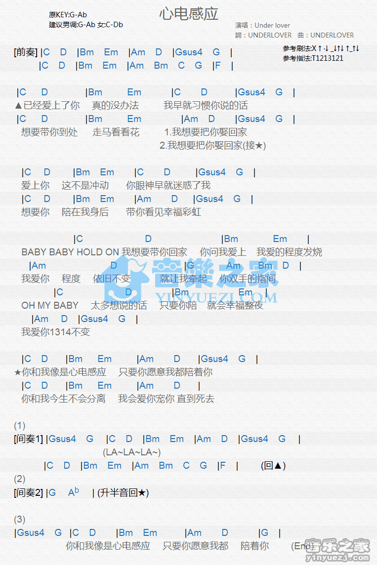 Under Lover《心电感应》尤克里里谱