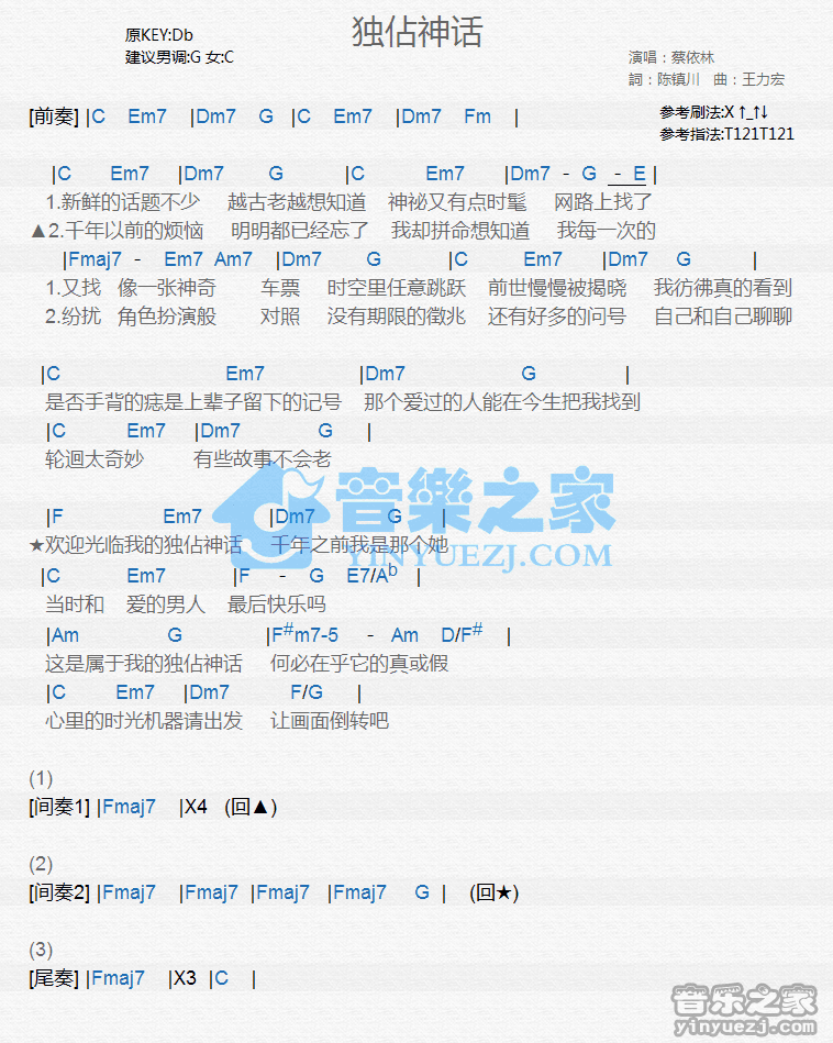蔡依林《独占神话》尤克里里谱