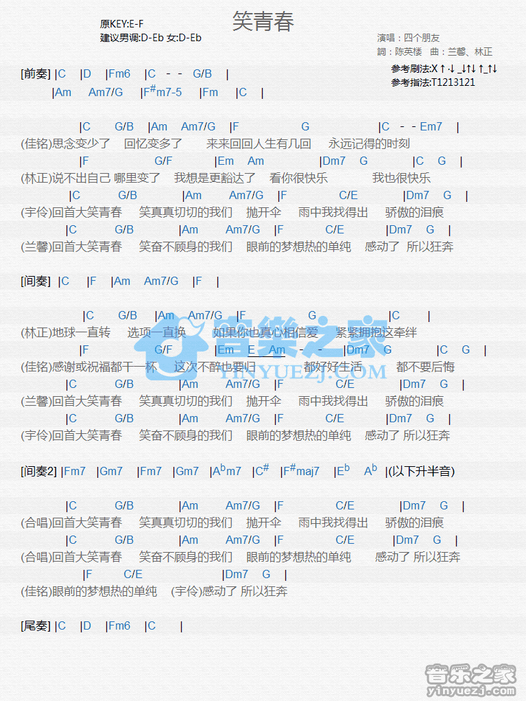 四个朋友《笑青春》尤克里里谱