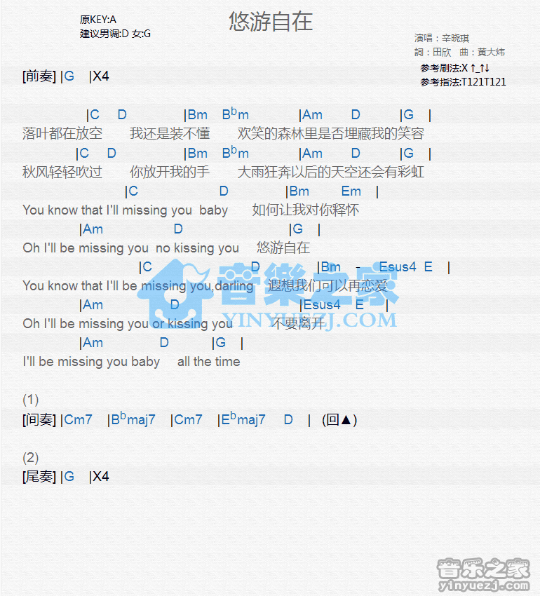 辛晓琪《悠游自在》尤克里里谱