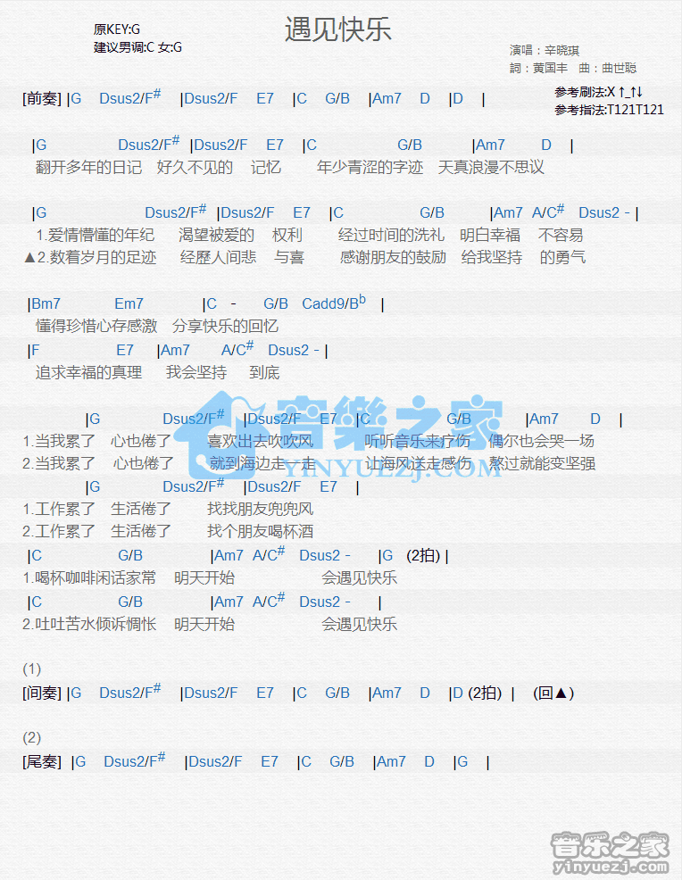 辛晓琪《遇见快乐》尤克里里谱