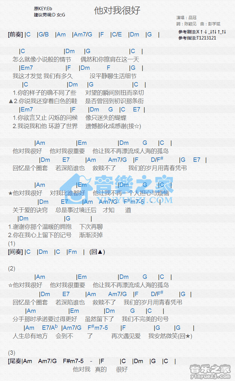 品冠《他对我很好》尤克里里谱