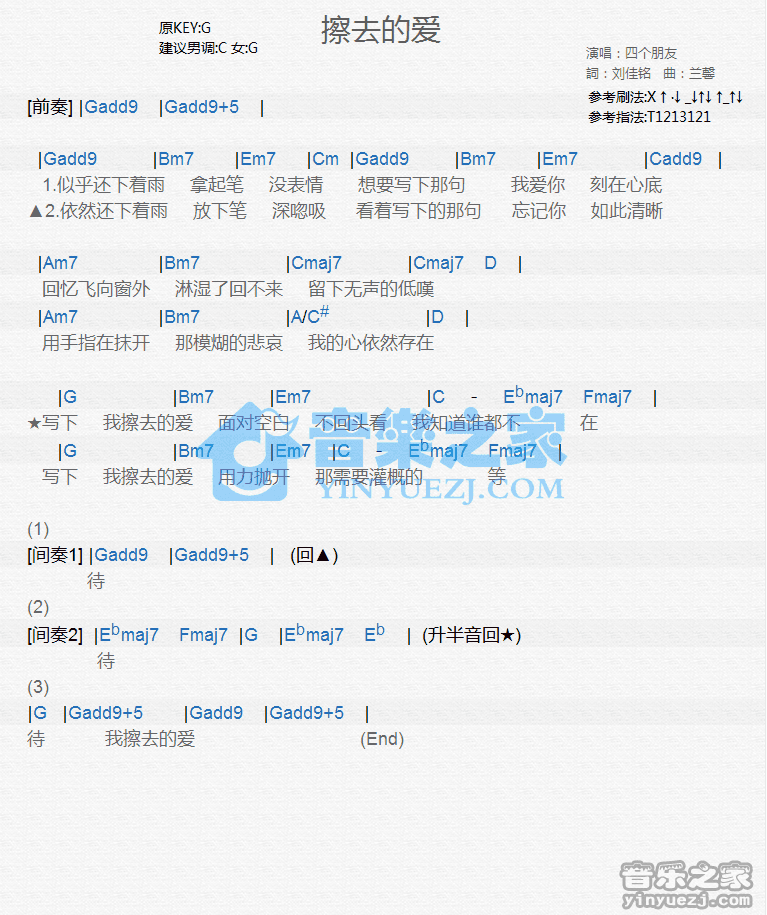 四个朋友《擦去的爱》尤克里里谱
