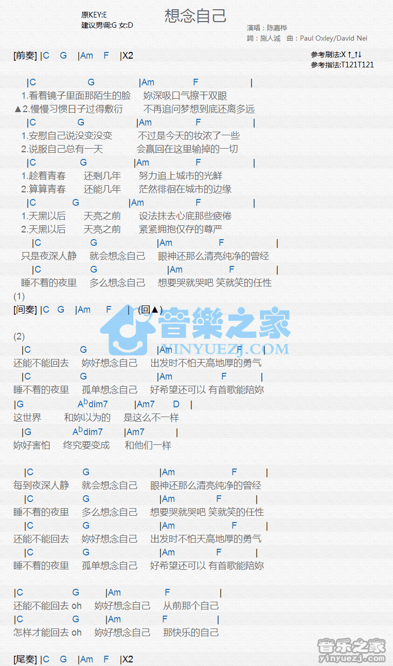 陈嘉桦《想念自己》尤克里里谱