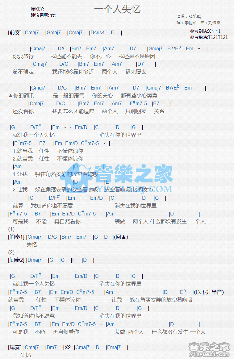 薛凯琪《一个人失忆》尤克里里谱