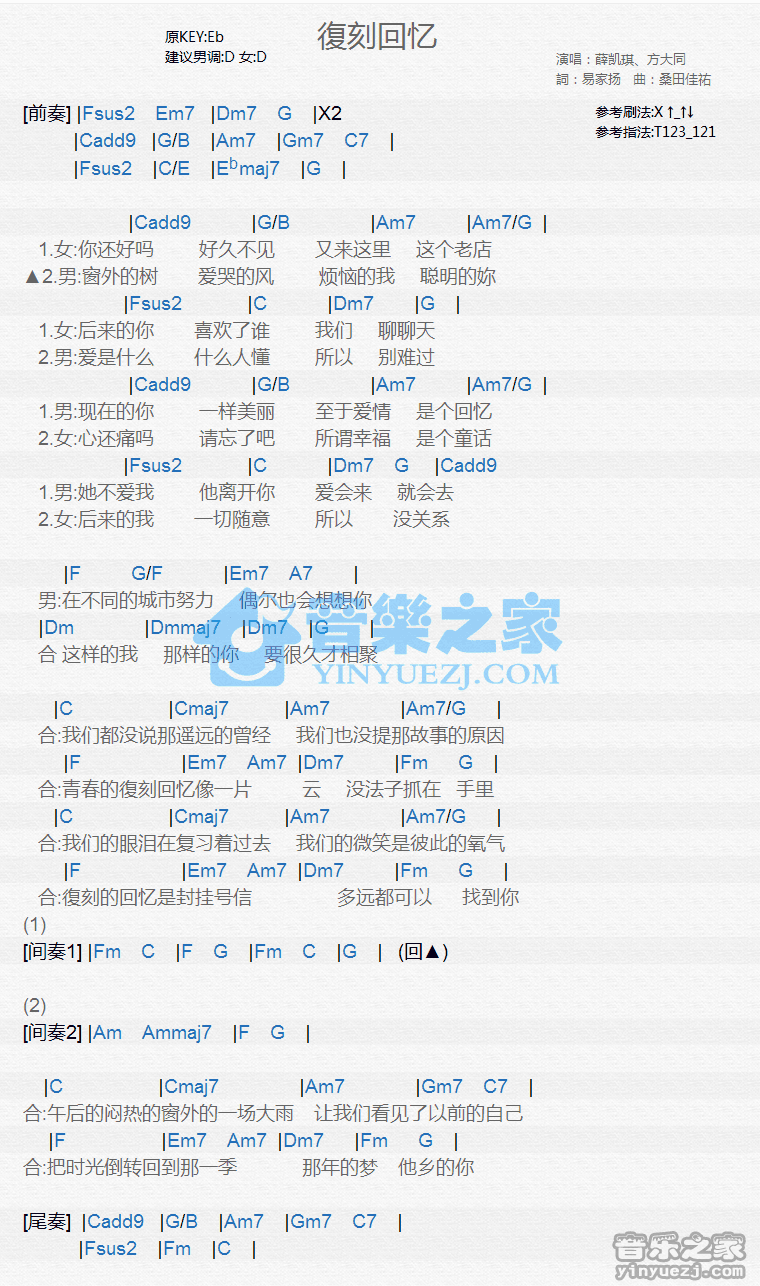 薛凯琪/方大同《复刻回忆》尤克里里谱