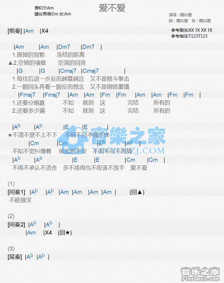 魏如萱《爱不爱》尤克里里谱