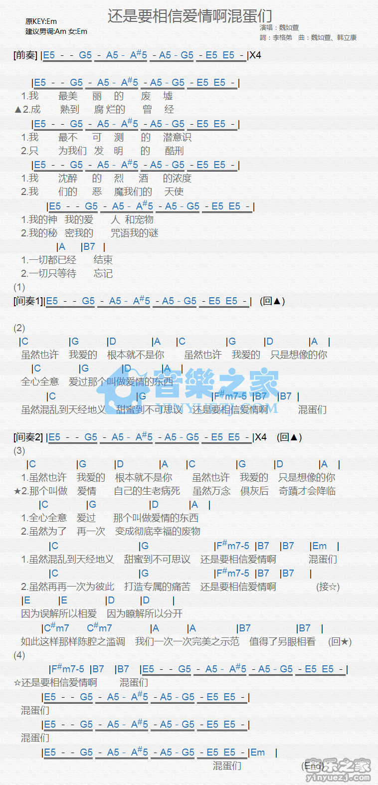 魏如萱《还是要相信爱情啊混蛋们》尤克里里谱