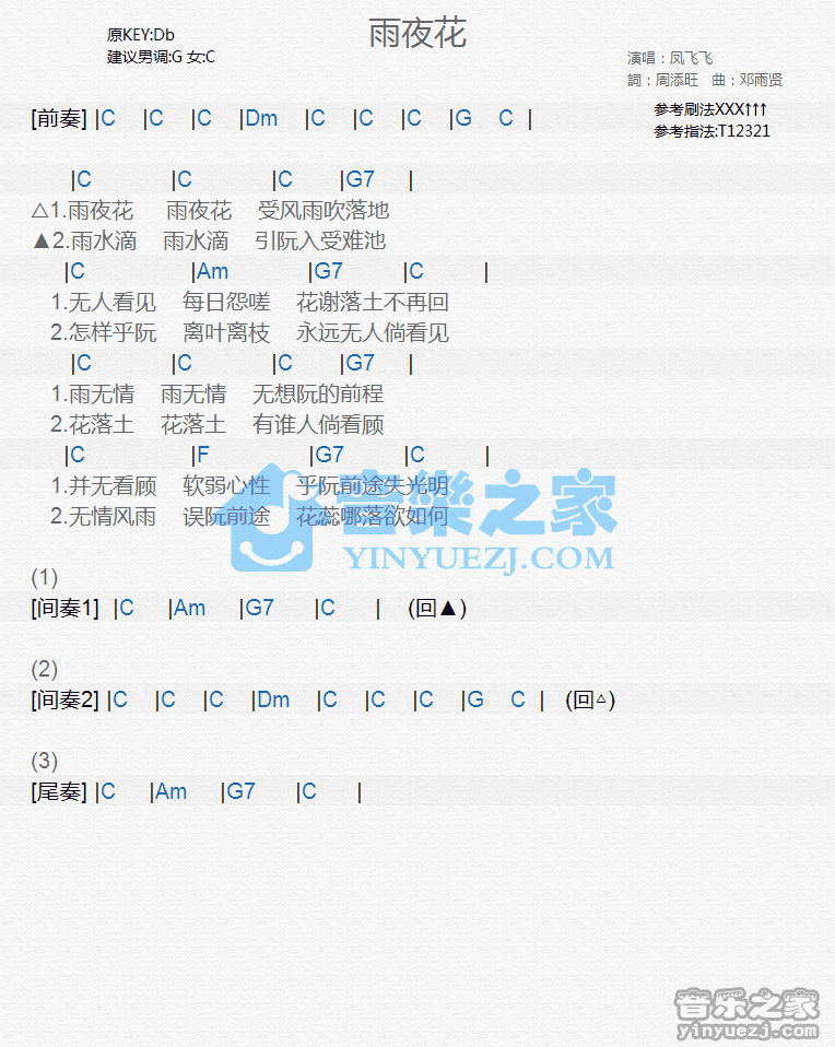 凤飞飞《雨夜花》尤克里里谱