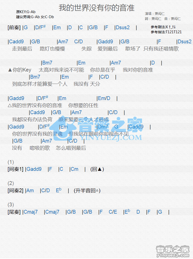 萧闳仁《我的世界没有你的音准》尤克里里谱
