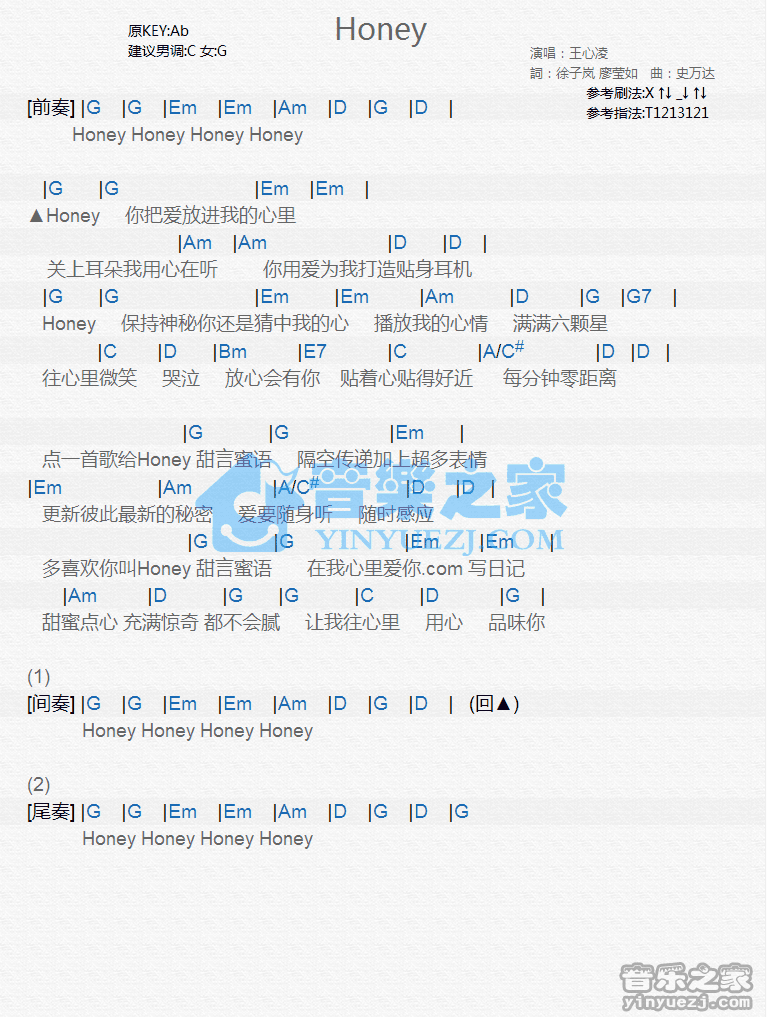 王心凌《Honey》尤克里里谱