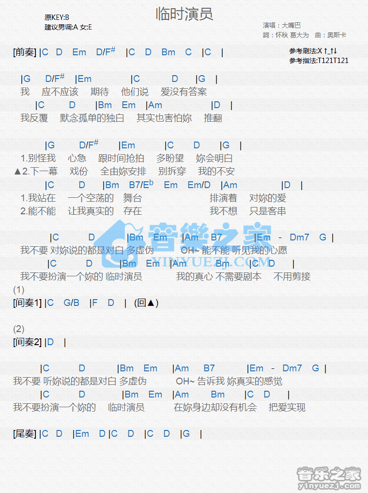 大嘴巴《临时演员》尤克里里谱