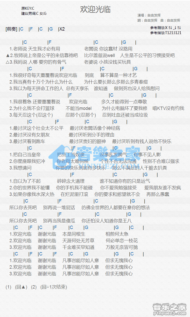 自由发挥《欢迎光临》尤克里里谱