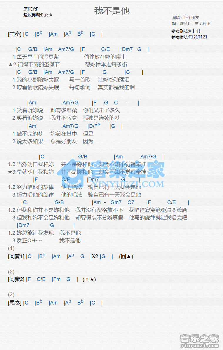 四个朋友《我不是他》尤克里里谱