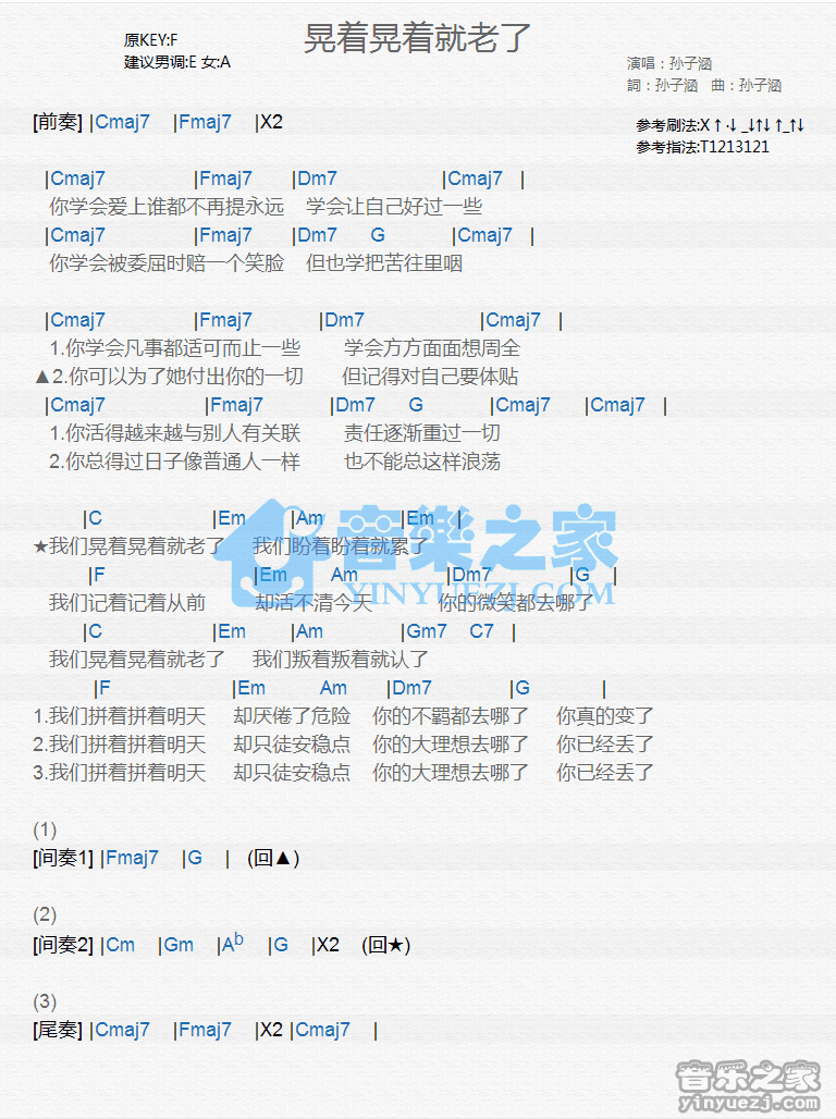 孙子涵《晃着晃着就老了》尤克里里谱