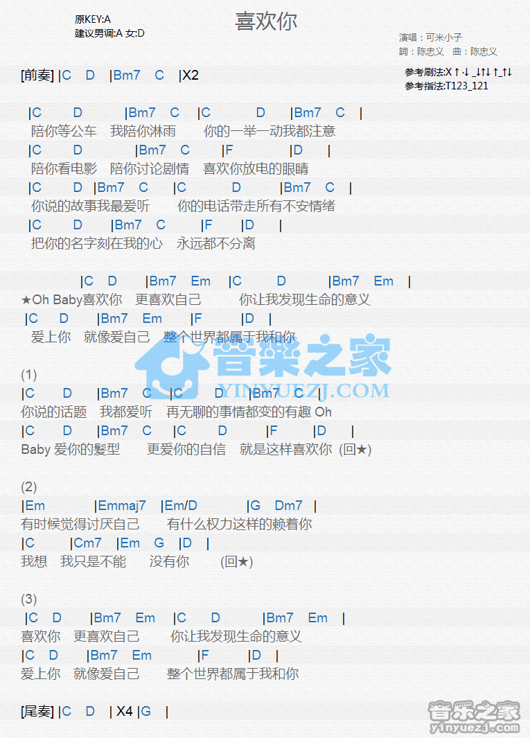 可米小子《喜欢你》尤克里里谱