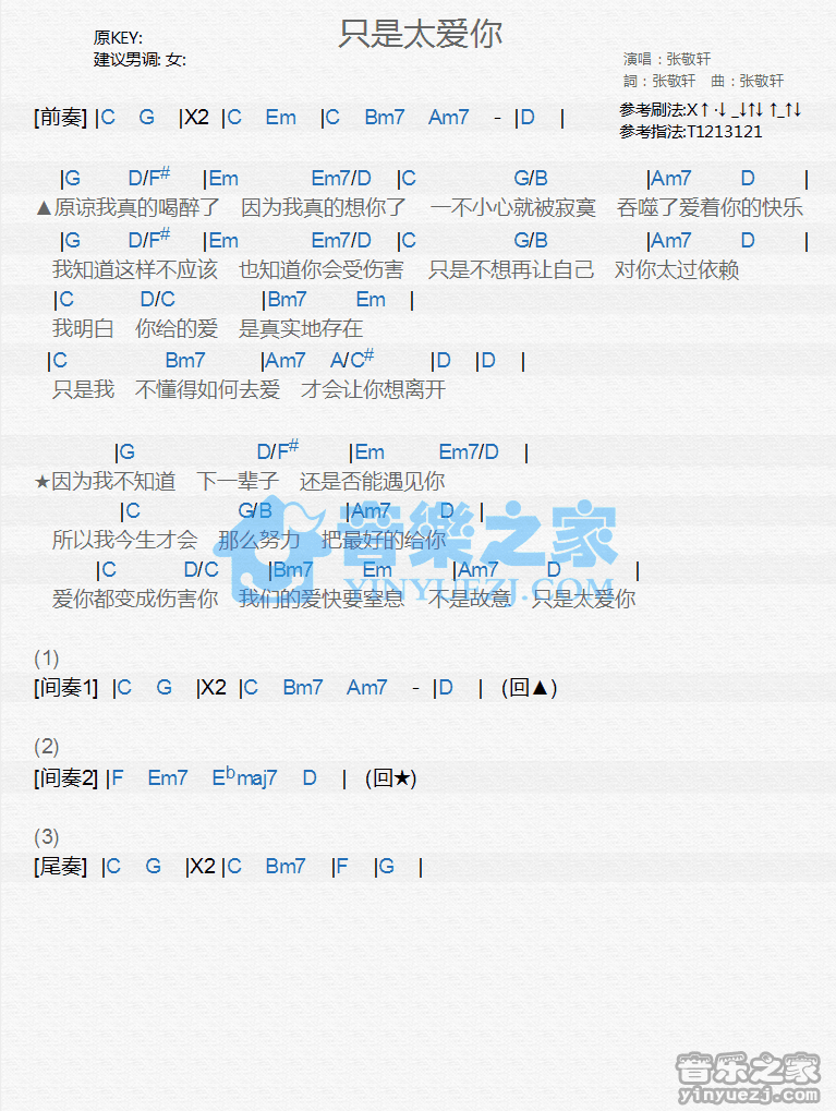 张敬轩《只是太爱你》尤克里里谱