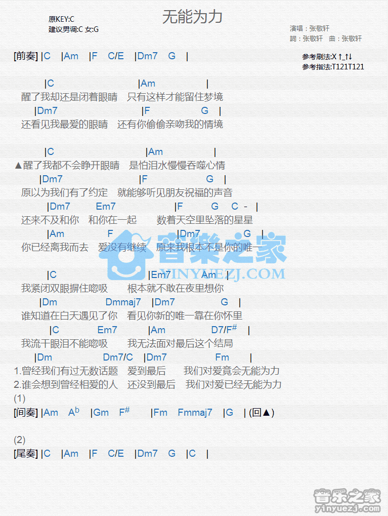 张敬轩《无能为力》尤克里里谱