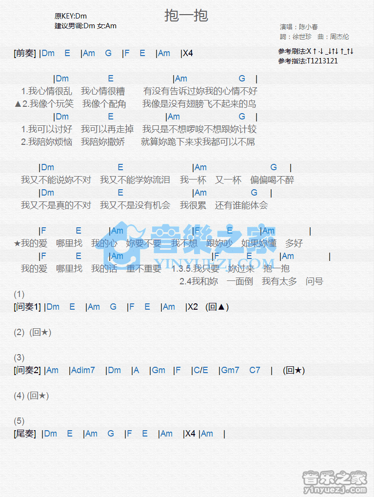 陈小春《抱一抱》尤克里里谱