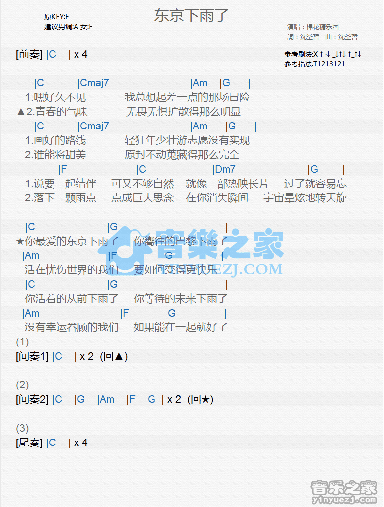 棉花糖《东京下雨了》尤克里里谱