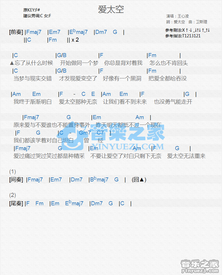 王心凌《爱太空》尤克里里谱