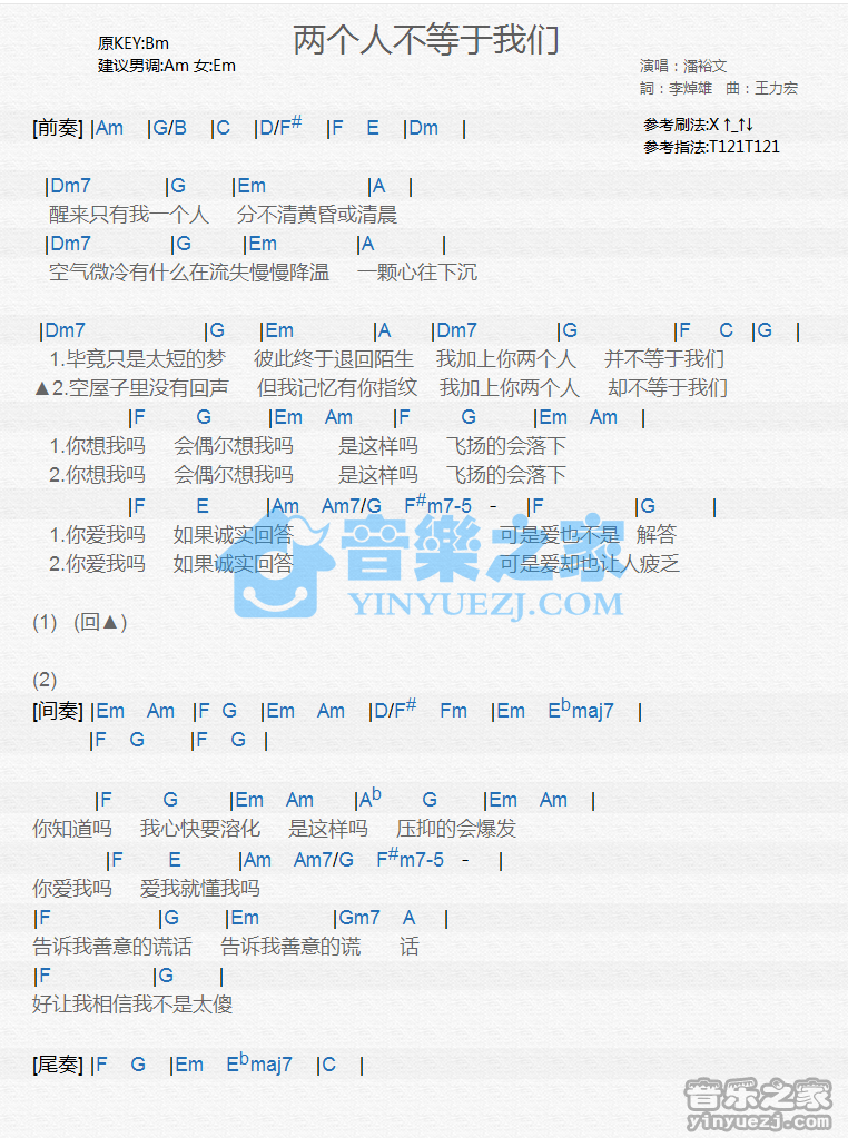 潘裕文《两个人不等于我们》尤克里里谱