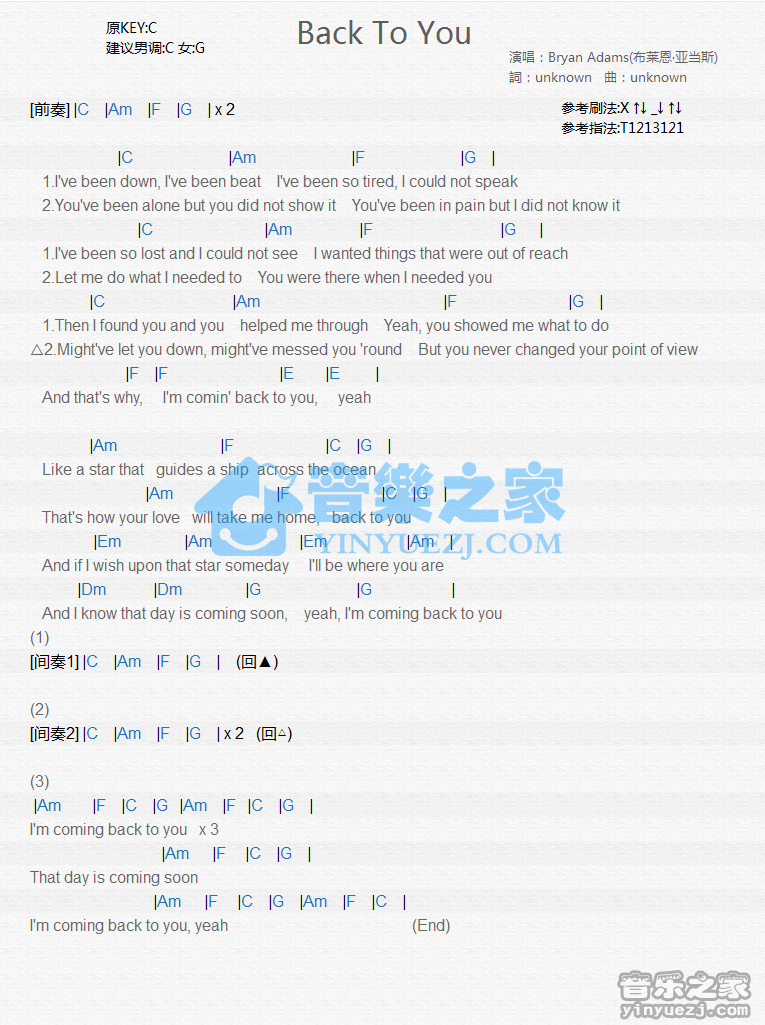 Bryan Adams《Back To You》尤克里里谱